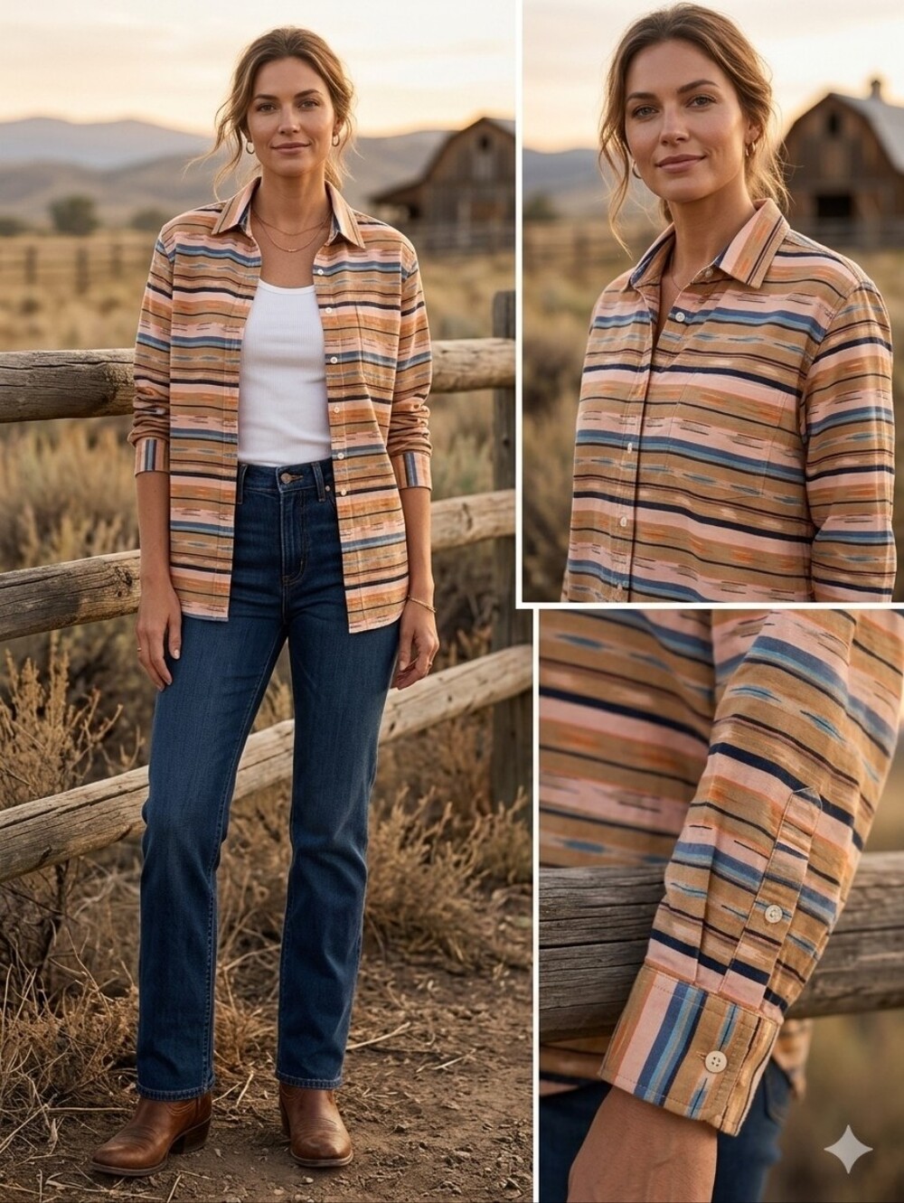 Southwestern Aztec Stripe Flannel Button Up Shirt Western Coastal Cowgirl XL